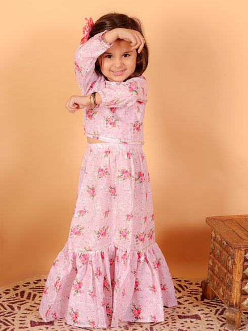 Vastramay SISHU Girl's Printed Linen Crop Top And Ruffle Skirt Set